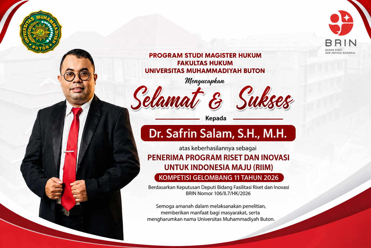 Dosen Magister Hukum UM Buton Raih Hibah Riset BRIN RIIM 2026, Kebanggaan bagi Program Studi