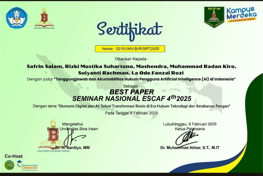 Prestasi Membanggakan! Dosen dan Mahasiswa Magister Hukum Raih Best Paper di Seminar Nasional ESCAF 4th 2025