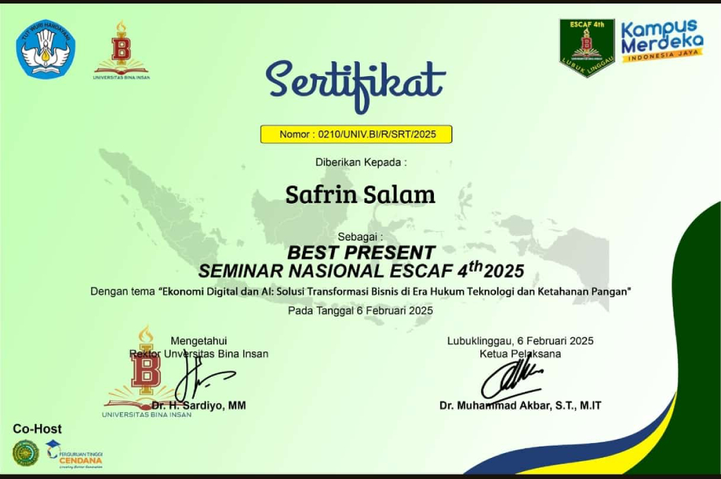 Dr. Safrin Salam, S.H., M.H. Terpilih sebagai Best Present dalam Seminar Nasional ESCAF 4th 2025